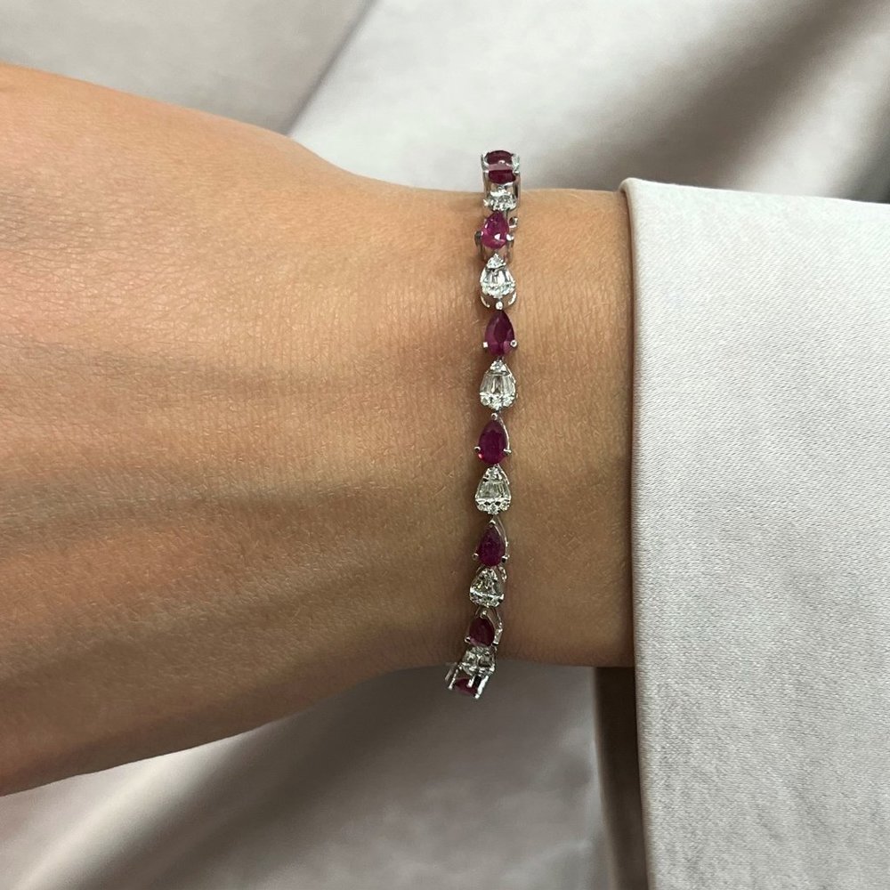 Pear Shaped Ruby & Diamond Tennis Bracelet 14K White Gold 7 Inches